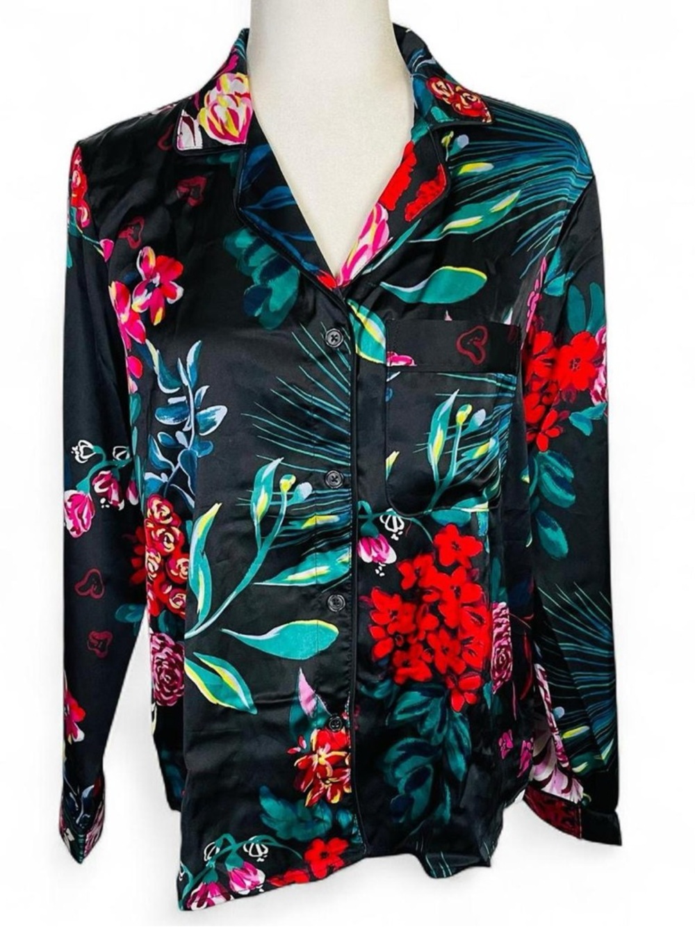Stars Above Size XS Button Down Pajama Top Shirt Black Red Green Floral Leaves